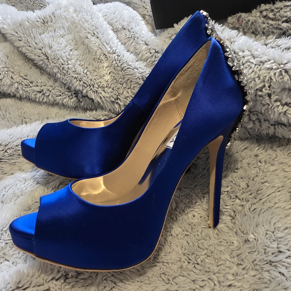 Badgley Mischka Sapphire Satin Heels with Crystal Accents